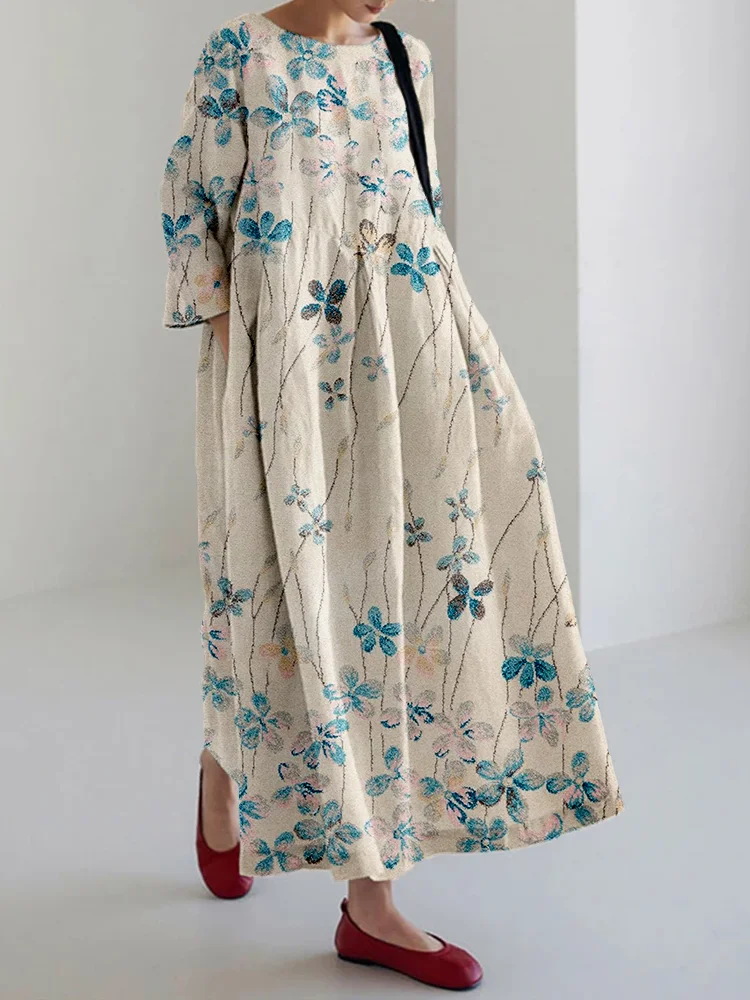 VChics Vintage Flower Pattern Linen Blend Comfy Maxi Dress
