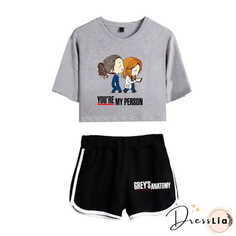 Women Grey's Anatomy Women Short T-shirt Shorts Suit Summer Sport Wear Casual Cotton Yoga Lady Crop Top and Shorts