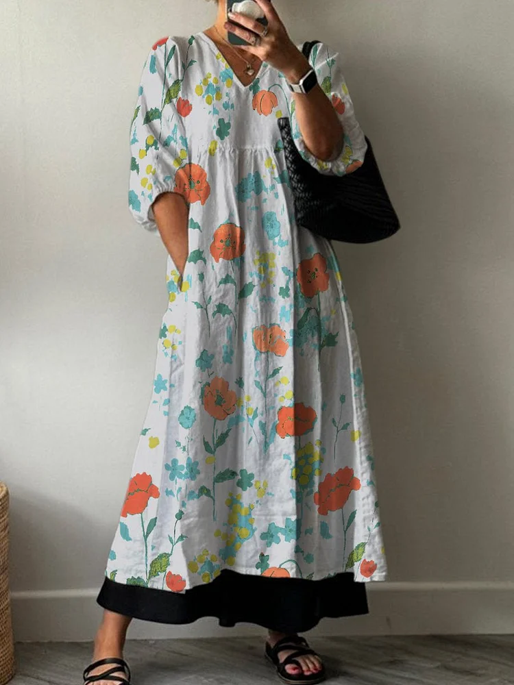 Fresh Flower Decorative Pattern Pocket V-neck Cotton Dress