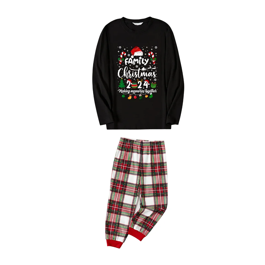 "FAMILY CHRISTMAS 2024 Making Memories Together" with Various Christmas Decorations - Black Top with Red & White & Green Plaid Pants Family Matching Pajamas
