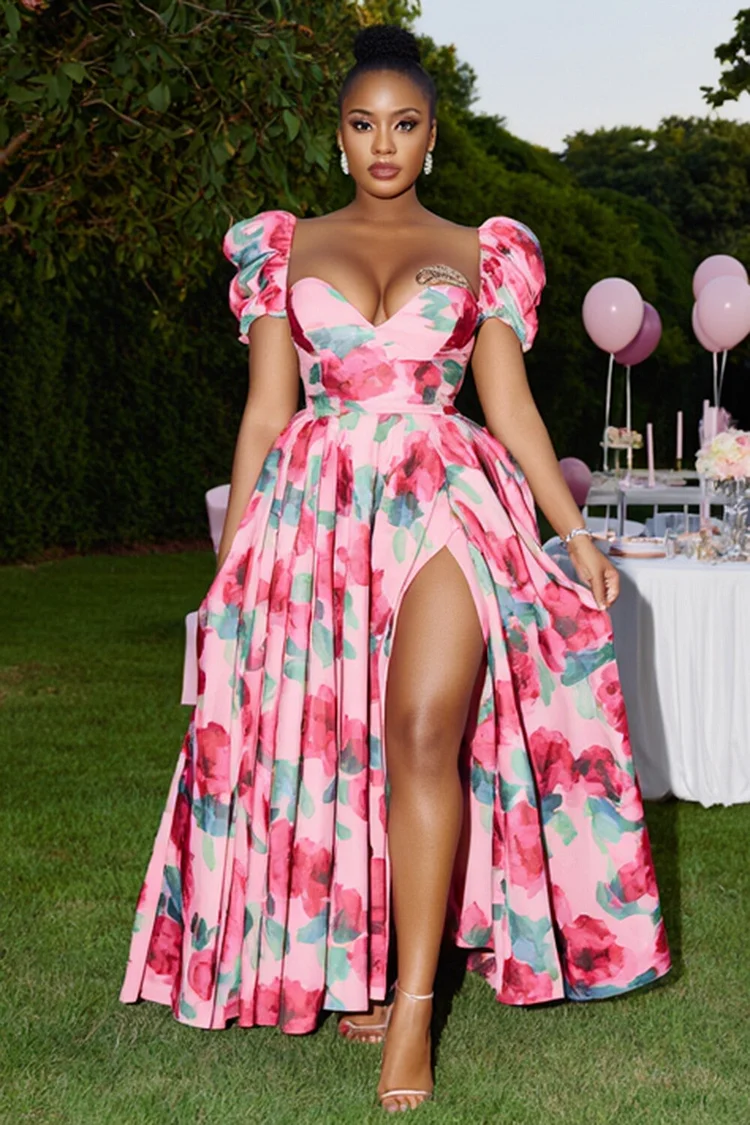 Floral Print Puff Sleeve Slit Vacation Party Maxi Dresses-Pink [Pre Order]