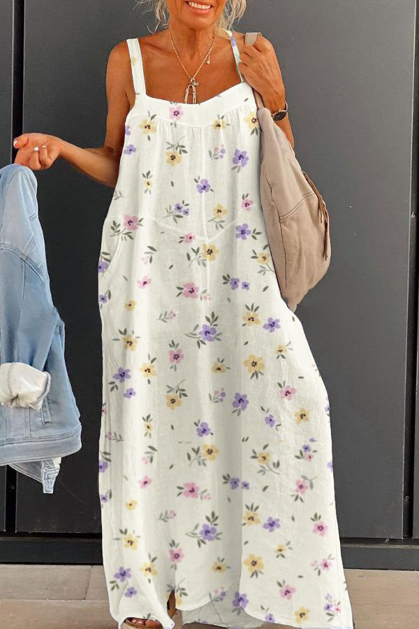 Women's Pastoral Retro Floral Large Size Loose Suspender Printed Dress Long Skirt socialshop