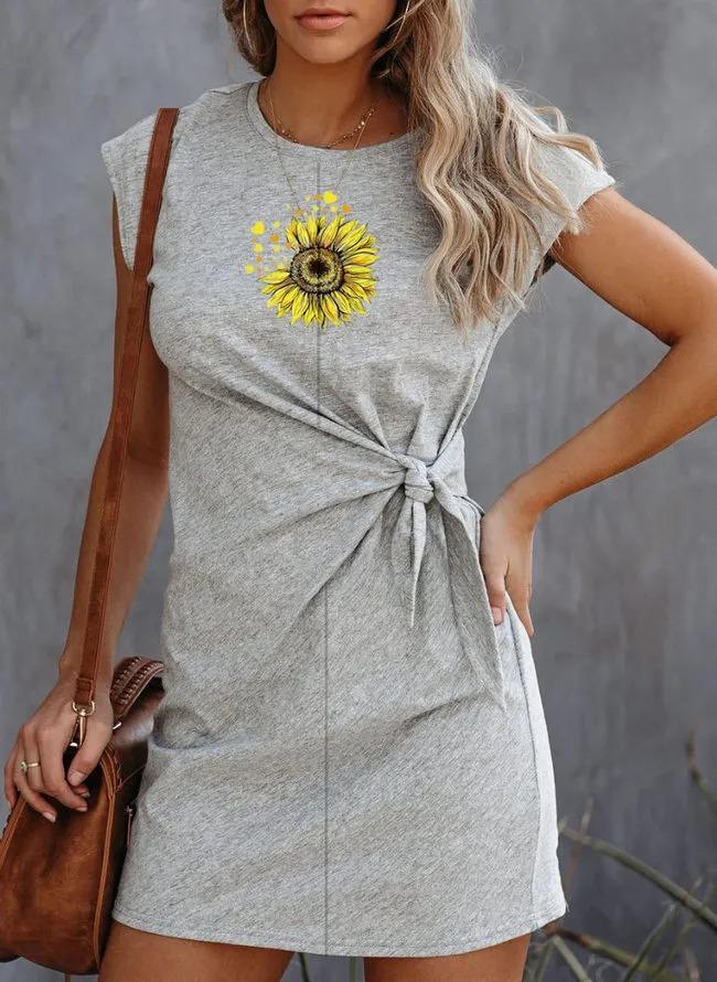 Sunflower Print Casual Crew Neck Dresses