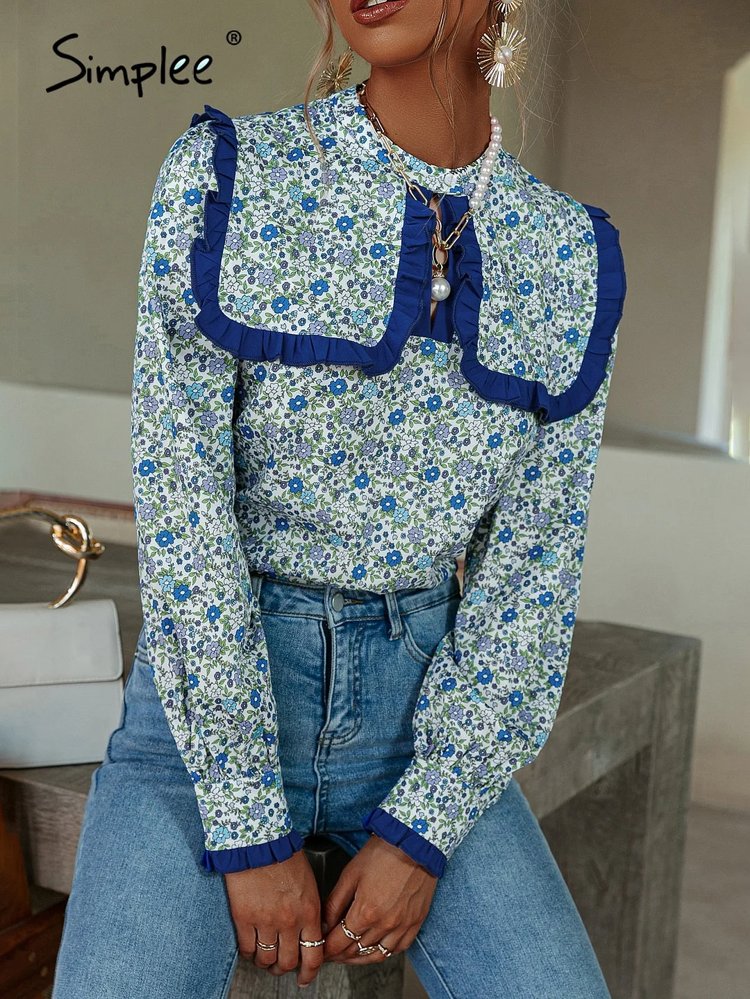 Simplee Boho floral peter pan collar blouse for girls Holiday cut out blouse shirt women  Spring autumn female short blouse tops