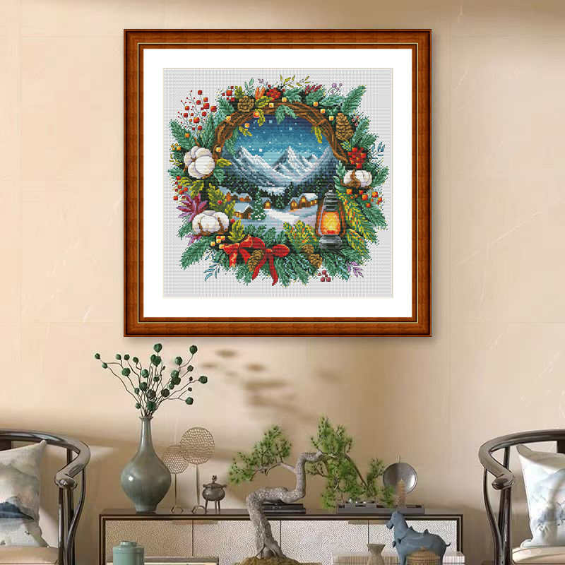 1set DIY Printed Cross Stitch Kit 【CC3066- Winter Scenery in Wreath】printed (stamped) cross-stitch Painting Fairy Cross Stitch