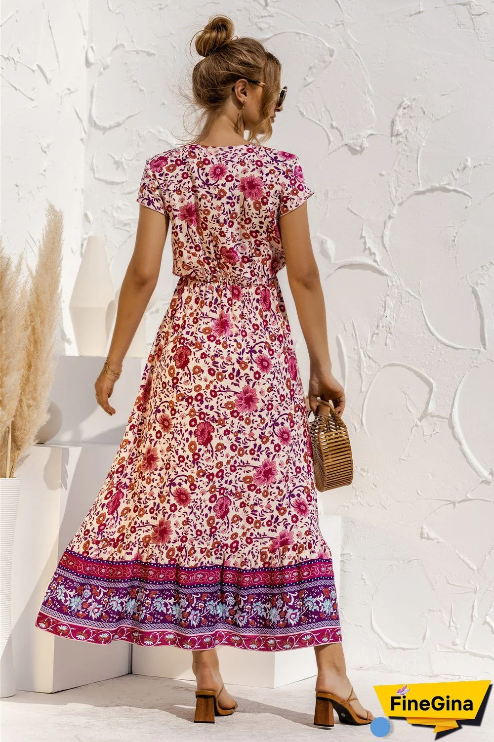 Short Sleeve V Neck Floral Maxi Dress