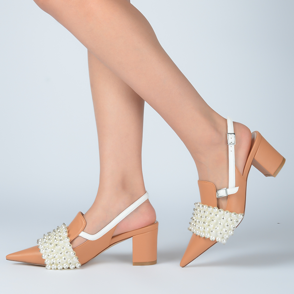 Brown Pointed Toe Sandals Leather Pearl ChunKy  Pumps