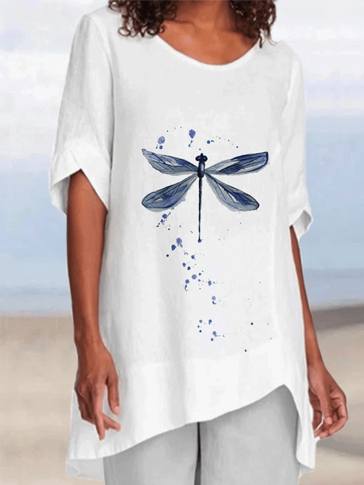 Cotton And Linen Dragonfly Pattern Printed Round Neck Short-sleeved Blouse