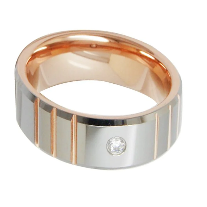 8MM Rose Gold Tungsten Carbide Rings Chamfered Smooth Steel Color Slotted Inlaid With A White Stone Mens And Womens