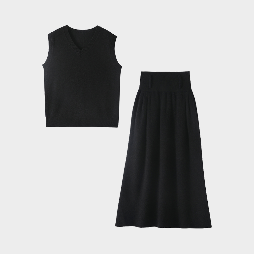 Women's Modern Minimalist Black Cashmere Sweater Vest and Skirt Set for Casual Wear | Luxurious Pure Cashmere REAL SILK LIFE