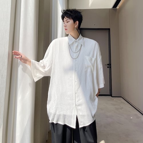 Dawfashion-Embossed Fabric and Metal Pendant Decoration Short-sleeved Shirt-Yamamoto Diablo Clothing