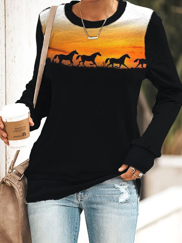 Western Horses Print Casual Long Sleeve Sweatshirt