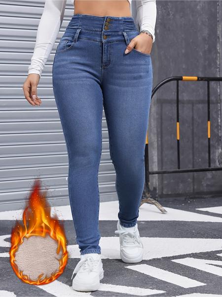 Women's High Elasticity Fleece Lined Thick Denim Jeans, Fall & Winter Fashion, Comfortable Slimming Jeans, Elegant Style Women's High Elasticity Fleece Lined Thick Denim Jeans, Fall & Winter Fashion, Comfortable Slimming Jeans, Elegant Style