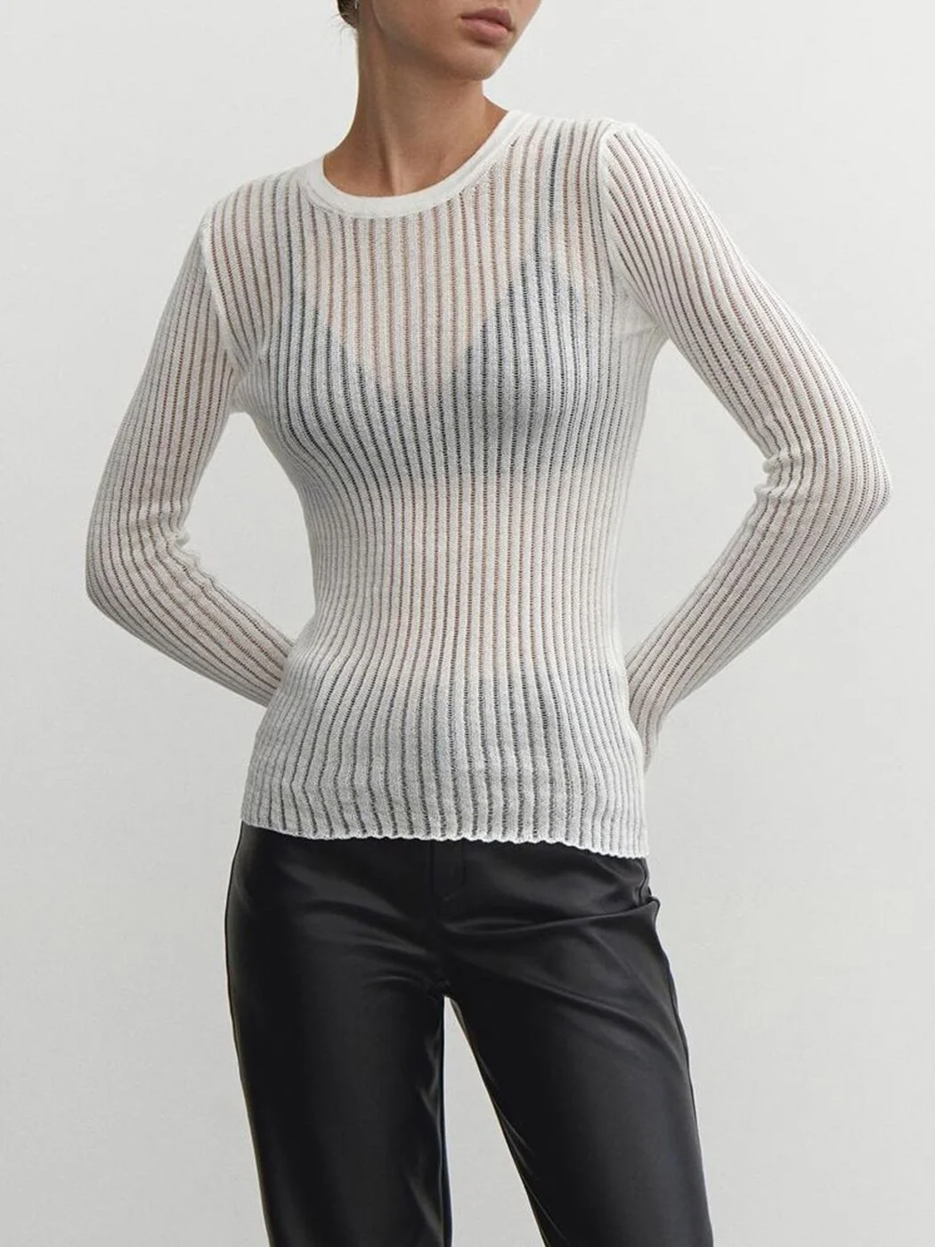 Uaang Sexy Thin Knit Sweater Women Solid Color Basic Pullover Top Casual Cozy Long Sleeve T-shirts 2023 Spring Summer New