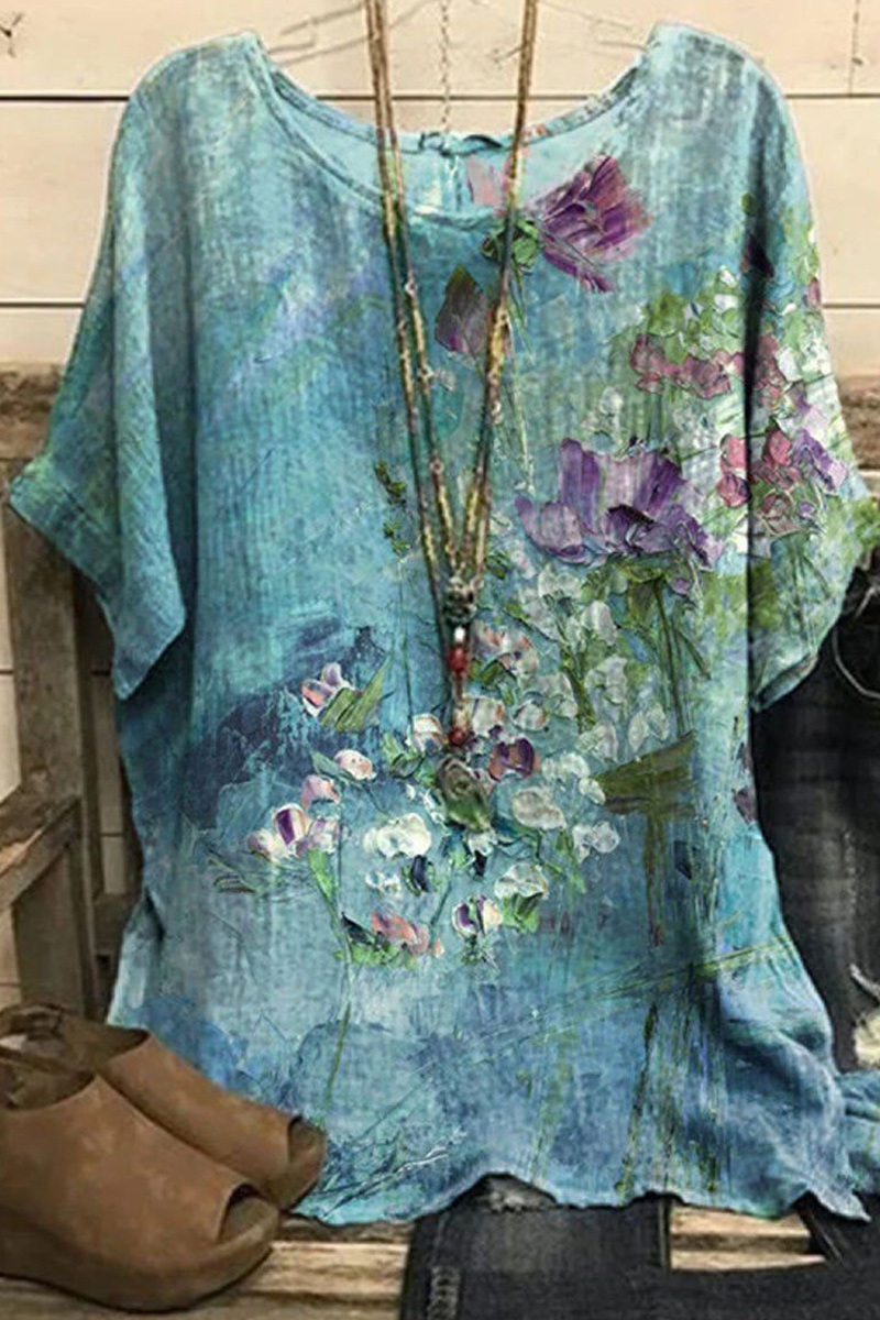 Flycurvy Plus Size Casual Green Linen Oil Painting Graffiti Print Blouse 2024 - Flycurvy 