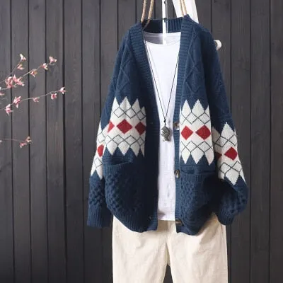 Autumn Winter Sweater Female Cardigan Loose Streetwear Knit Sweater Coat Cartoon Print V Neck knitted cardigan Women Jacket