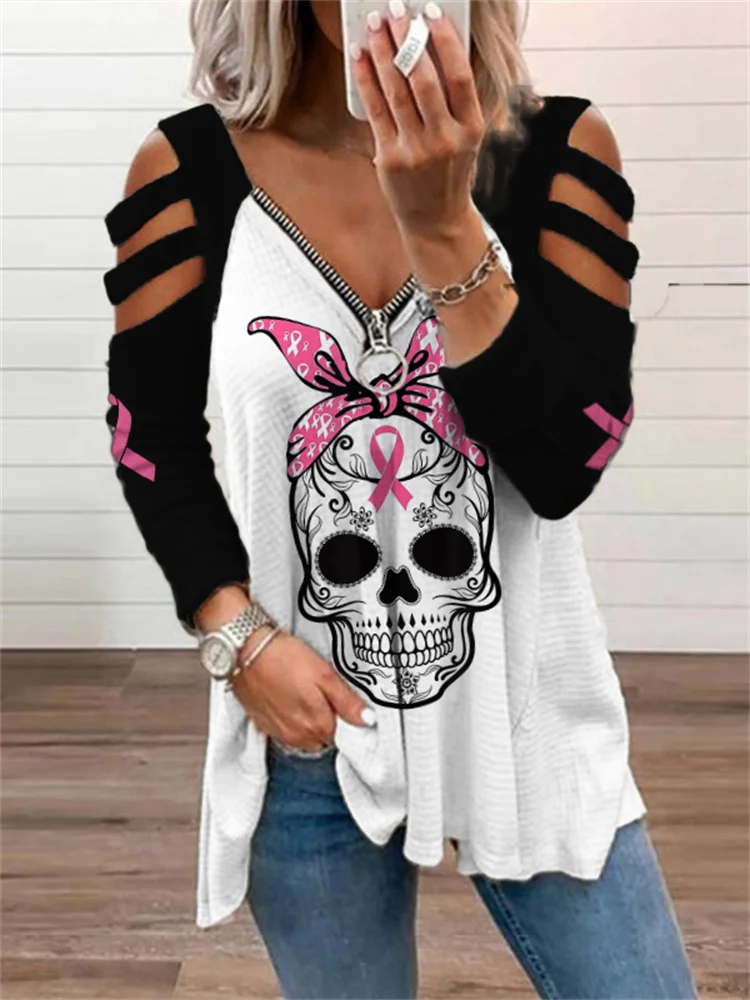 Pink Ribbon Bandana Skull Cutout Shoulder T Shirt