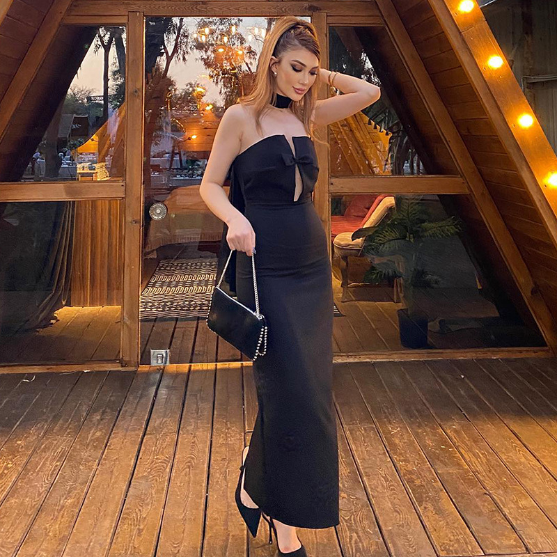Ootddress Tee Bow Off-Shoulder Slim Long Dress For Women Patchwork Fashion Elegant Hollow Out Backless Clothes Female Party Dress