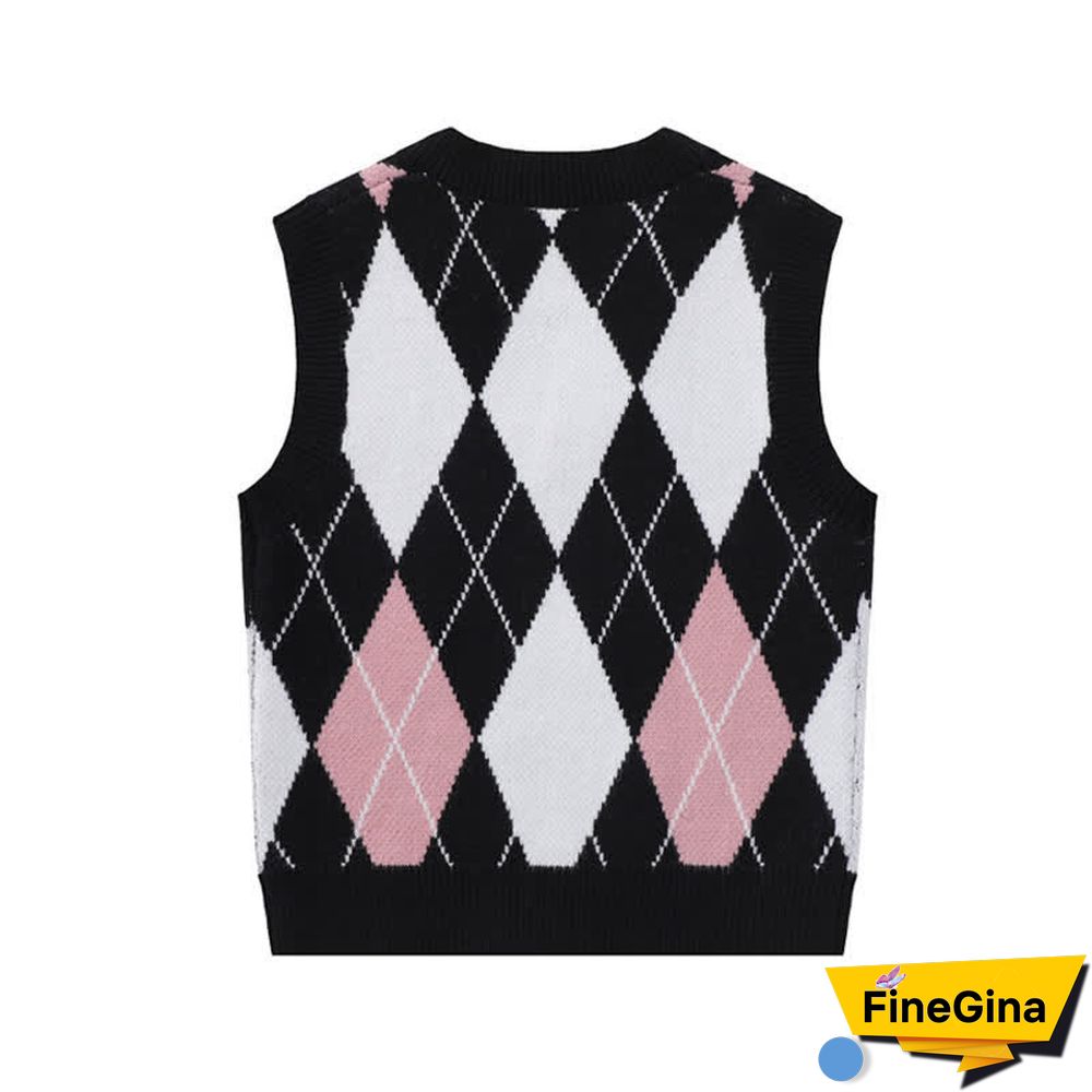 Colorblock Rhombus Print V-neck Vest Long Sleeve Shirt Pleated Skirt