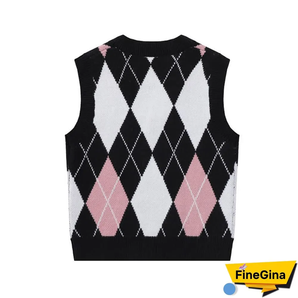 Colorblock Rhombus Print V-neck Vest Long Sleeve Shirt Pleated Skirt