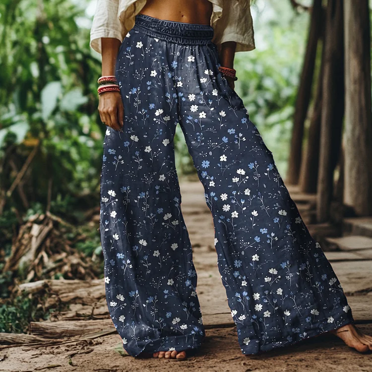 Vintage Floral Print Loose Wide-leg Pants