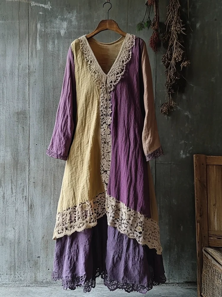 Utbros Vintage Lace Linen Patchwork Women's Long Dress