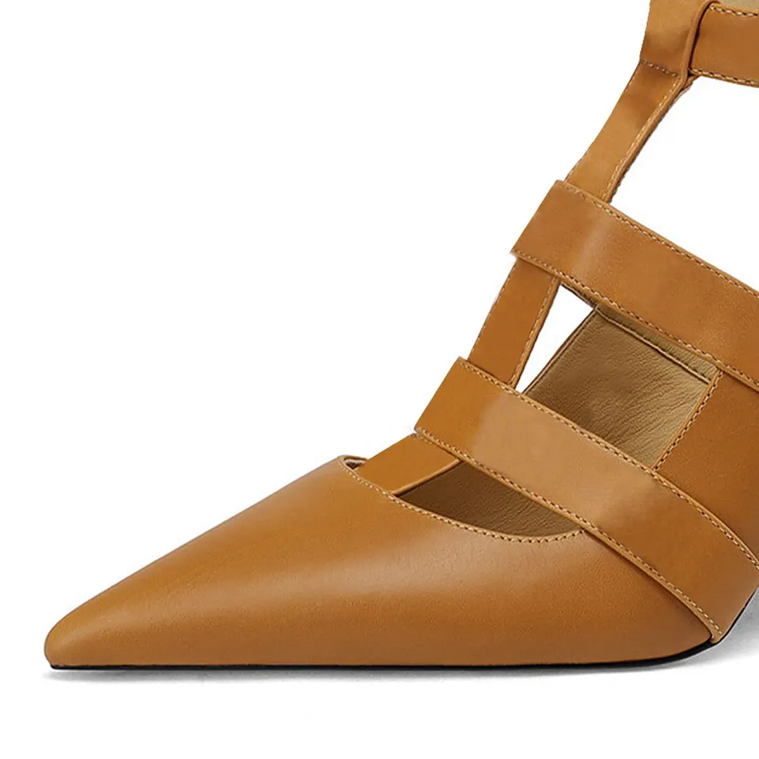 Tan Vegan Leather Pointed Toe T-Strap Chunky Heeled Sandals
