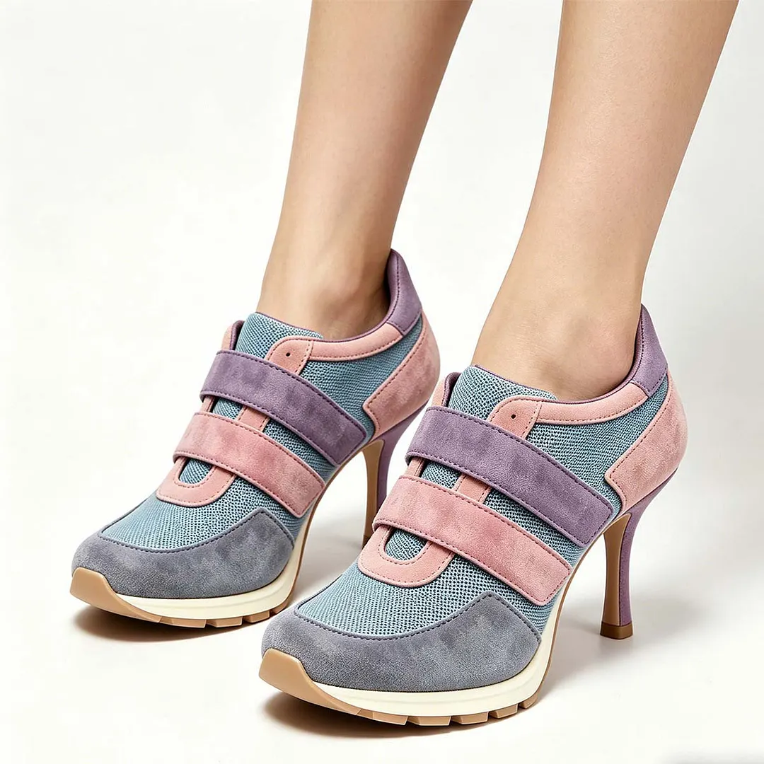 Pink Contrast Mesh Vegan Suede Closed Toe Stiletto Heel Women Sneakers