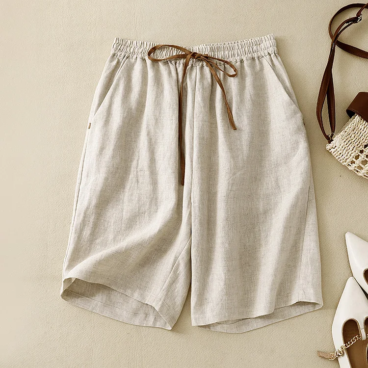 Women's 2024 Casual Solid Short Pants Cotton Linen Elastic Waist Pants