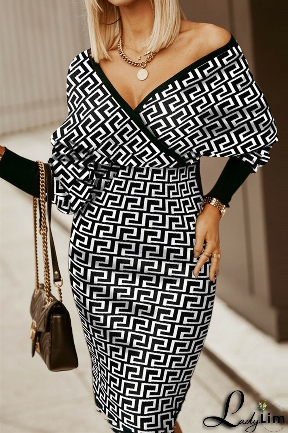 Black White Fashion Casual Print Patchwork V Neck Long Sleeve Dresses