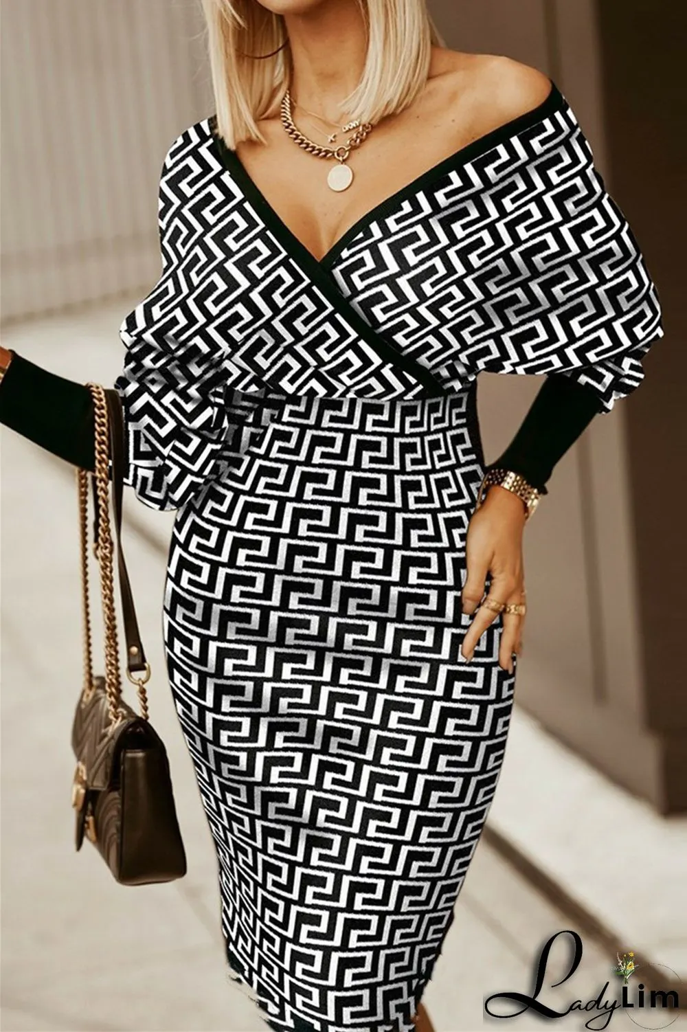 Black White Fashion Casual Print Patchwork V Neck Long Sleeve Dresses