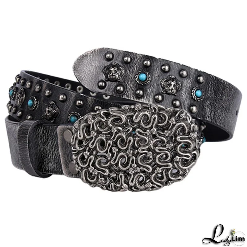 Western Style High quality western snake design buckle men's leather belt fashion jeans punk style belt willow nail retro snake buckle belt