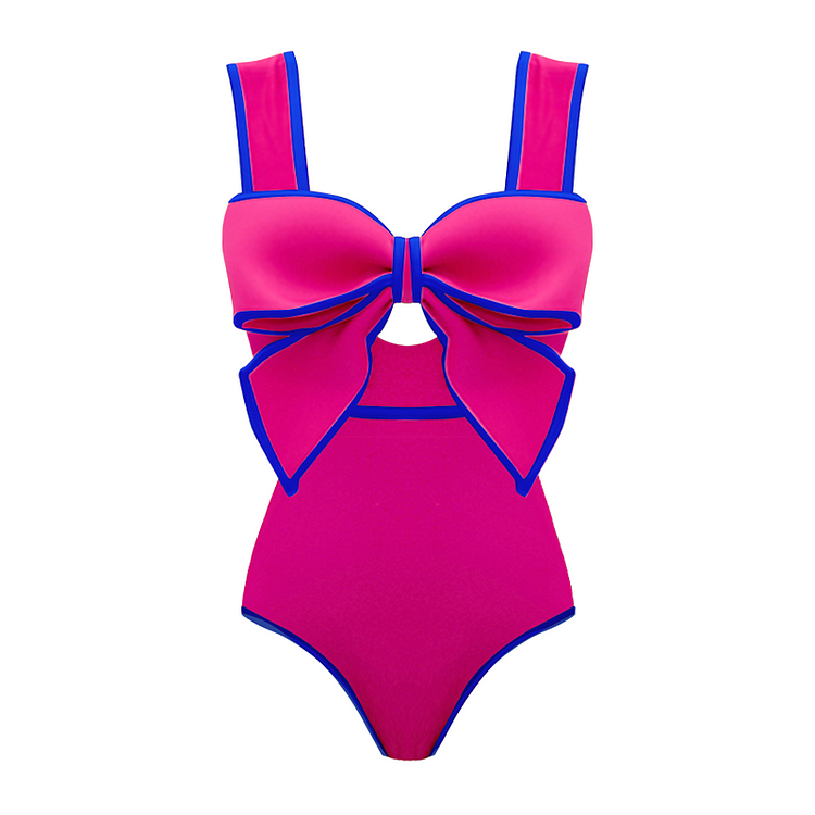 Bow Front Cut Out Color Block One Piece Swimsuit and Skirt