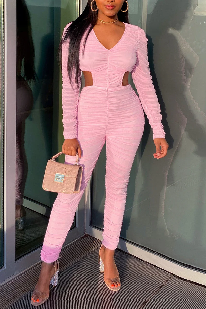 Fashion Sexy Solid Hollowed Out Fold V Neck Skinny Jumpsuits