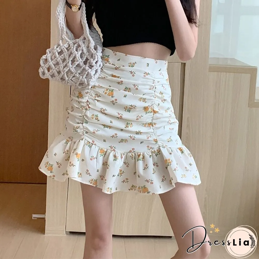 cute print trumpet mini skirt summer sweet high waist elegant a-line casual korean