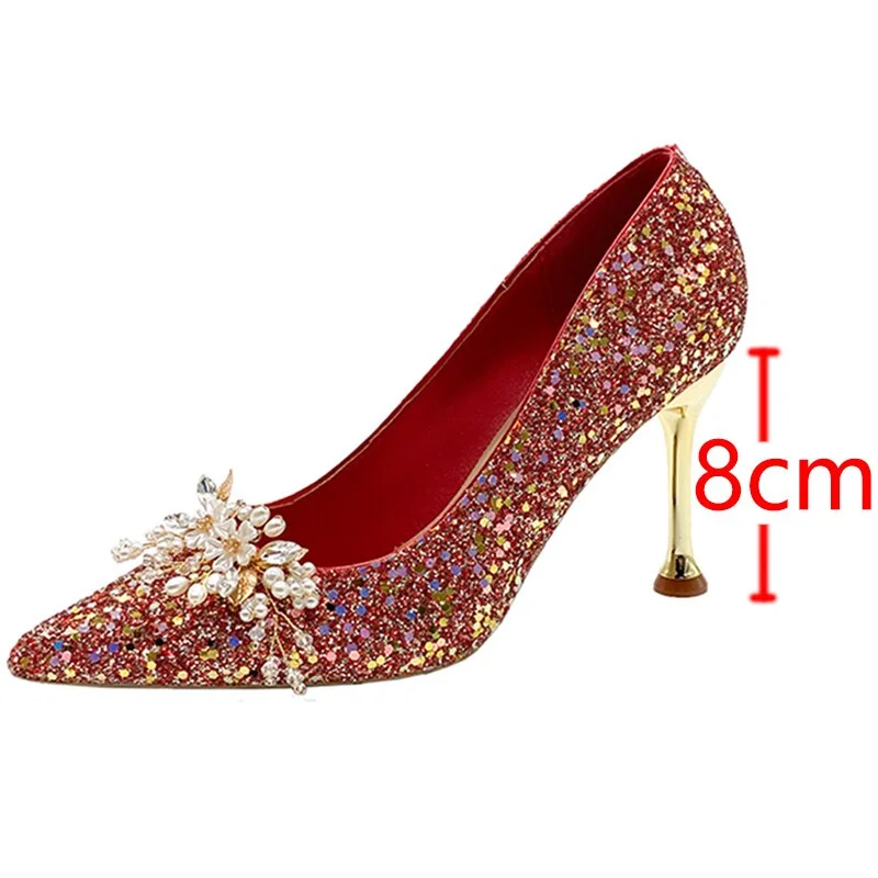Lourdasprec Fashion Pearl Flowers Bridal Shoes 2023 New Bling Shiny Thin Heels Pumps Women Pointed Toe High Heels Party Shoes