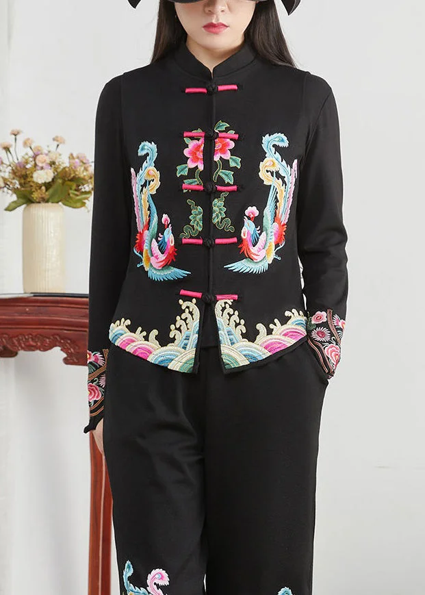 Chinese Style Black Stand Collar Embroideried Patchwork Cotton Waistcoat Sleeveless