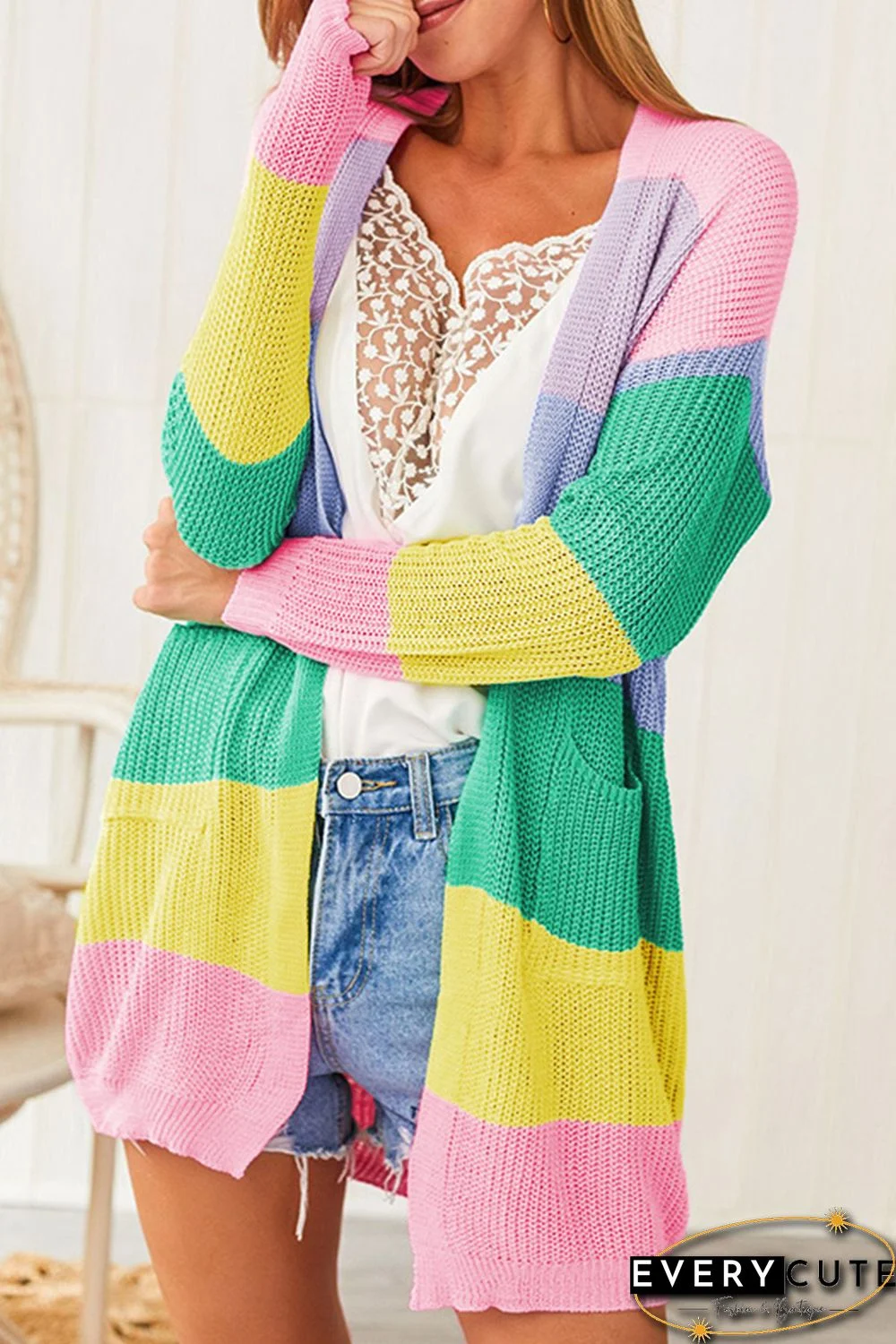 Pink Rainbow Color Block Open Front Drape Oversized Knitted Cardigan