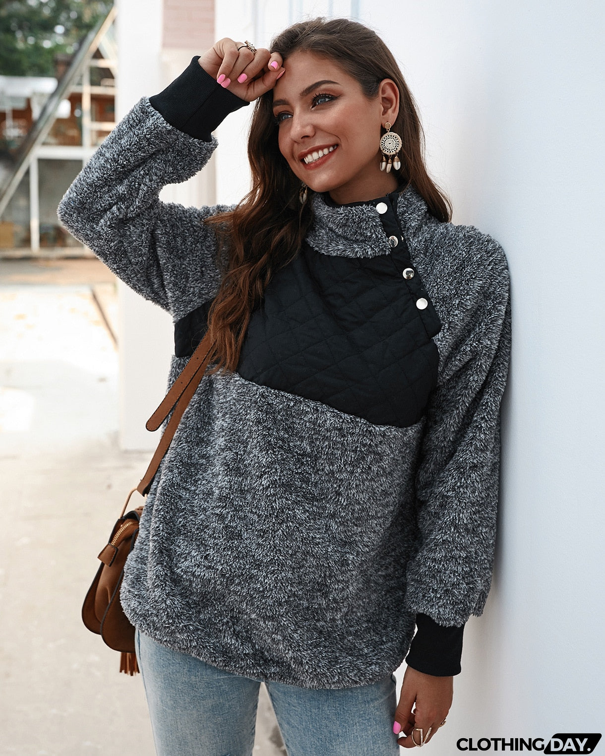 Sweatshirts Women Long Sleeve Patchwork Color Fahsion Autumn Winter Pullover Black Ladies Plush Warm Tops Clothing