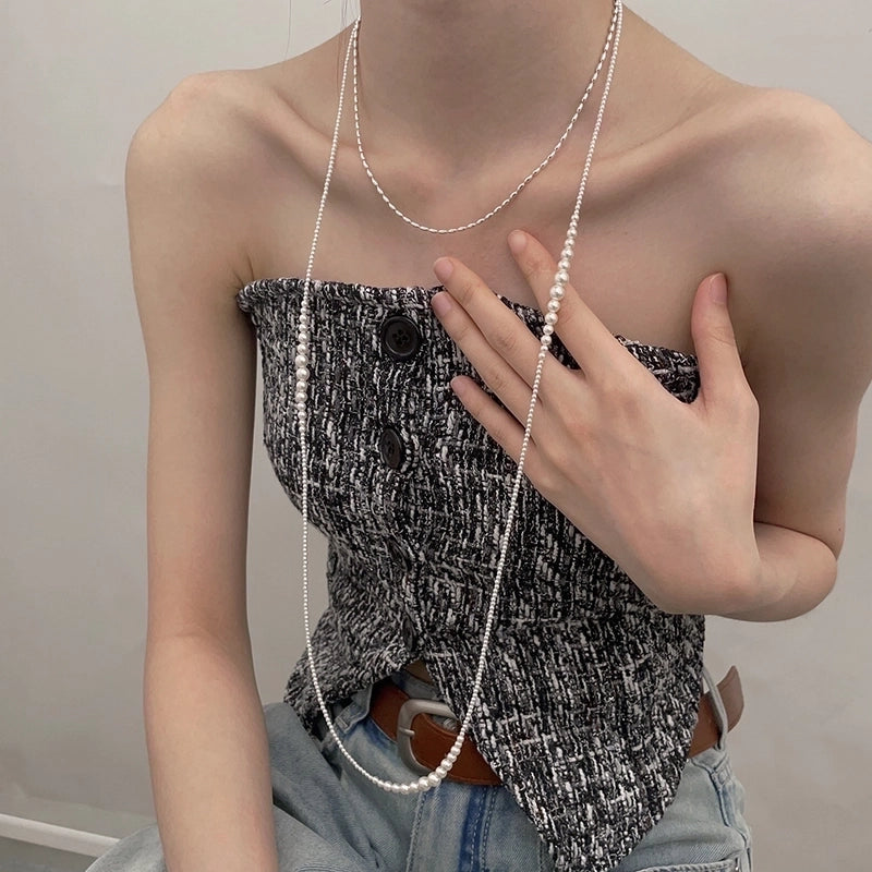 925 Sterling Silver Pearl Inlay Geometric Long Necklace