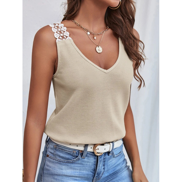 Mature Women Waffle V-Neck Vest Sleeveless Lace Tank Shirt Tops Summer