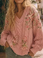Vintage Boho Roses And Birds Art Chunky Knit V Neck Cozy Sweater