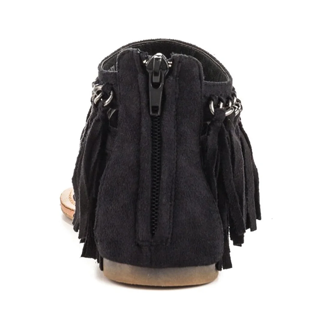 Black Round Toe Fringes Flip Flops Summer Sandals with Metal Chain