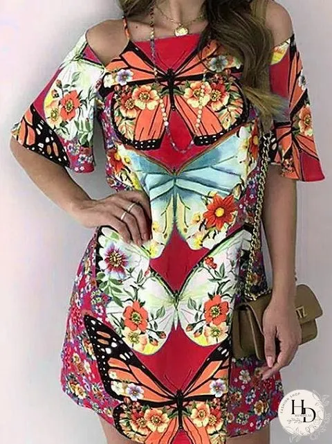 Butterfly Print Cutout Short Sleeve Dress for Women