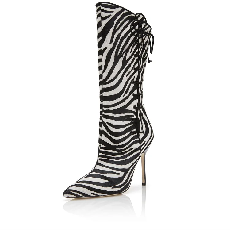 Black and White Horsehair Stiletto Boots Zebra Print Mid Calf Boots |FSJ Shoes