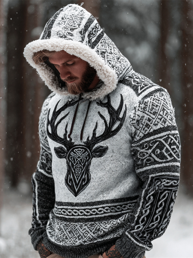 Viking Celtic Knot & Elk Men's Fur Trim Hooded Sweater elevenforest