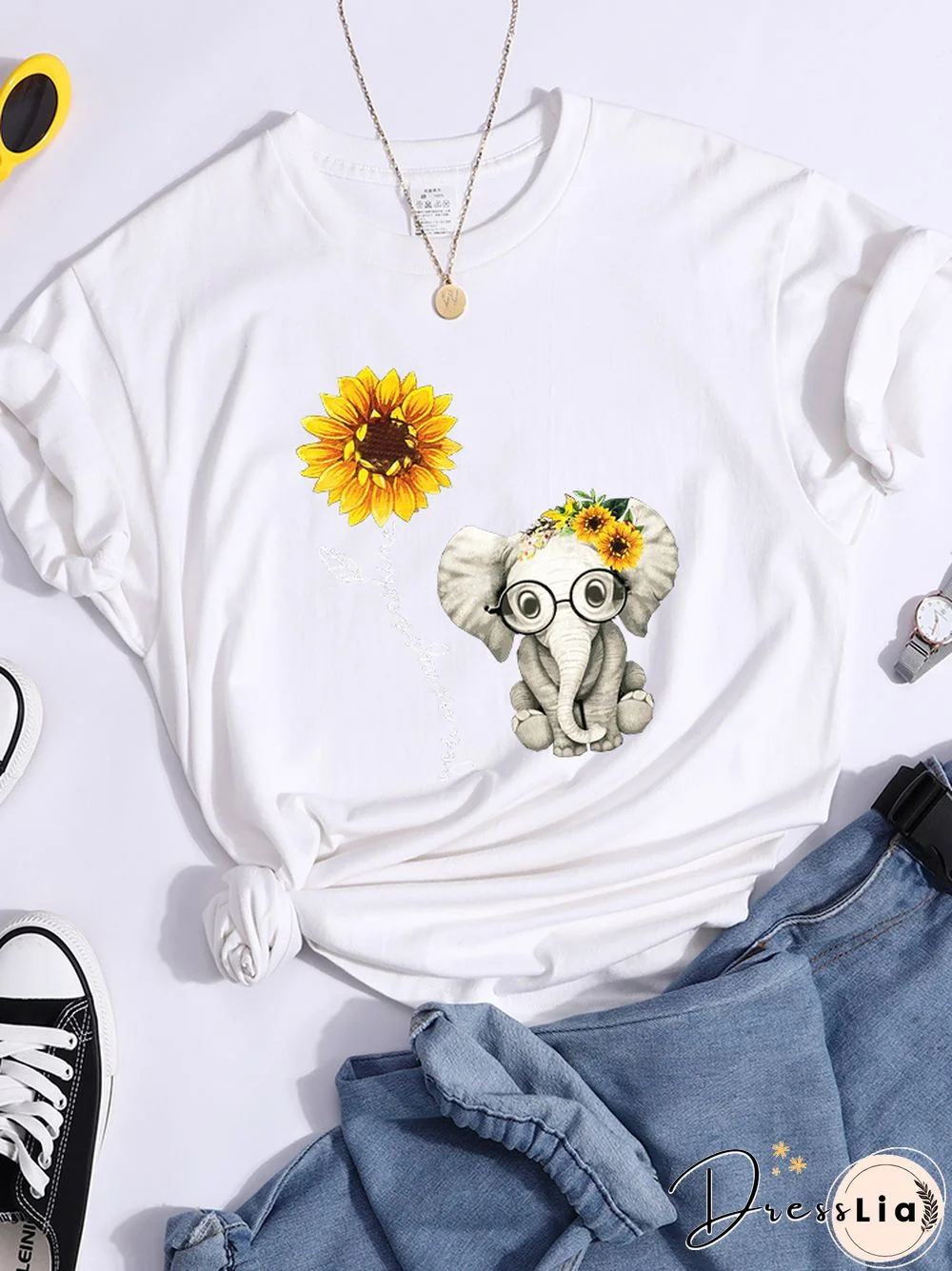 Sunflower Elephant Gift Friend Female T Shirt Cool Fashion Street Tshirt Breathable Personality Clothes Casual Summer Crop Top