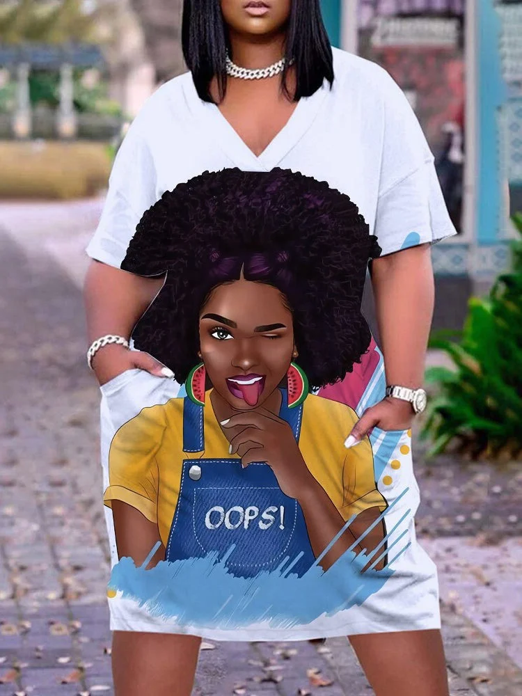 Digital Print V-Neck Casual Pocket Dress