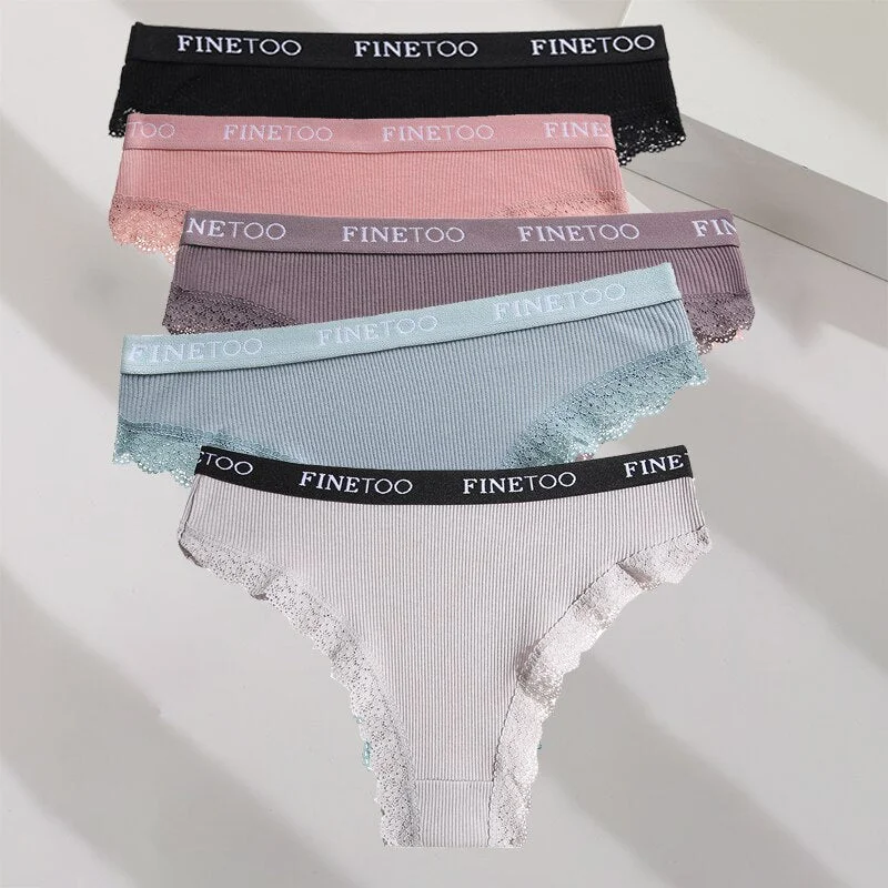 FINETOO 5PCS/Set M-XXL Cotton Panties Women's Letter Thong  Girls Brazilian Panty Sexy Lace Underwear For Woman Lingerie Bikini