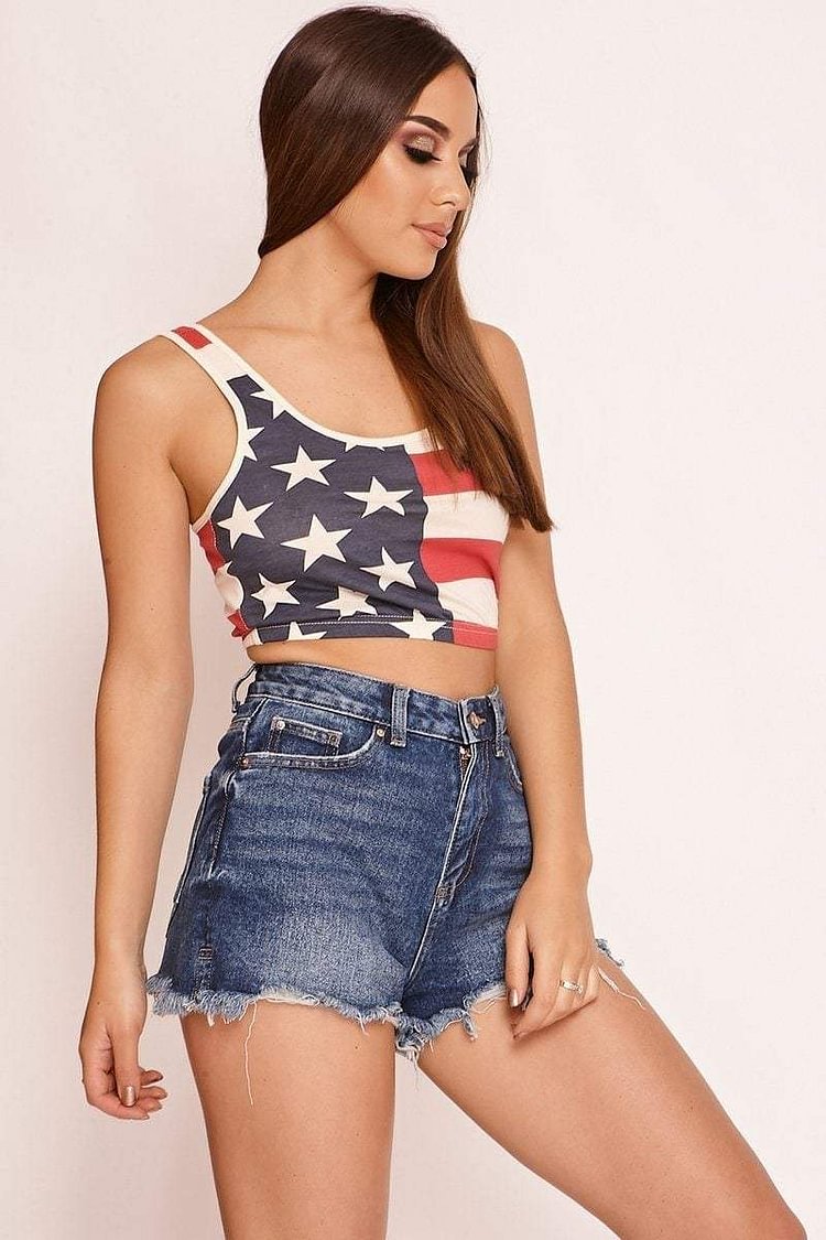 White \u0026 Blue American Flag Crop Top 